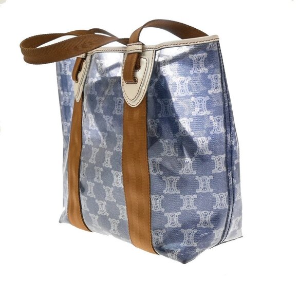 CELINE Logo Macadam Pattern Shoulder Tote Bag Vinyl Leather Blue SHW 38KA973 - Picture 2 of 15